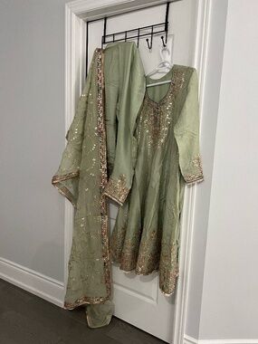 gota pati punjabi suit anarkali in sage green size 36